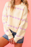 Cream & Pink Heart Stripe Ribbed Crew Neck Knit Sweater
