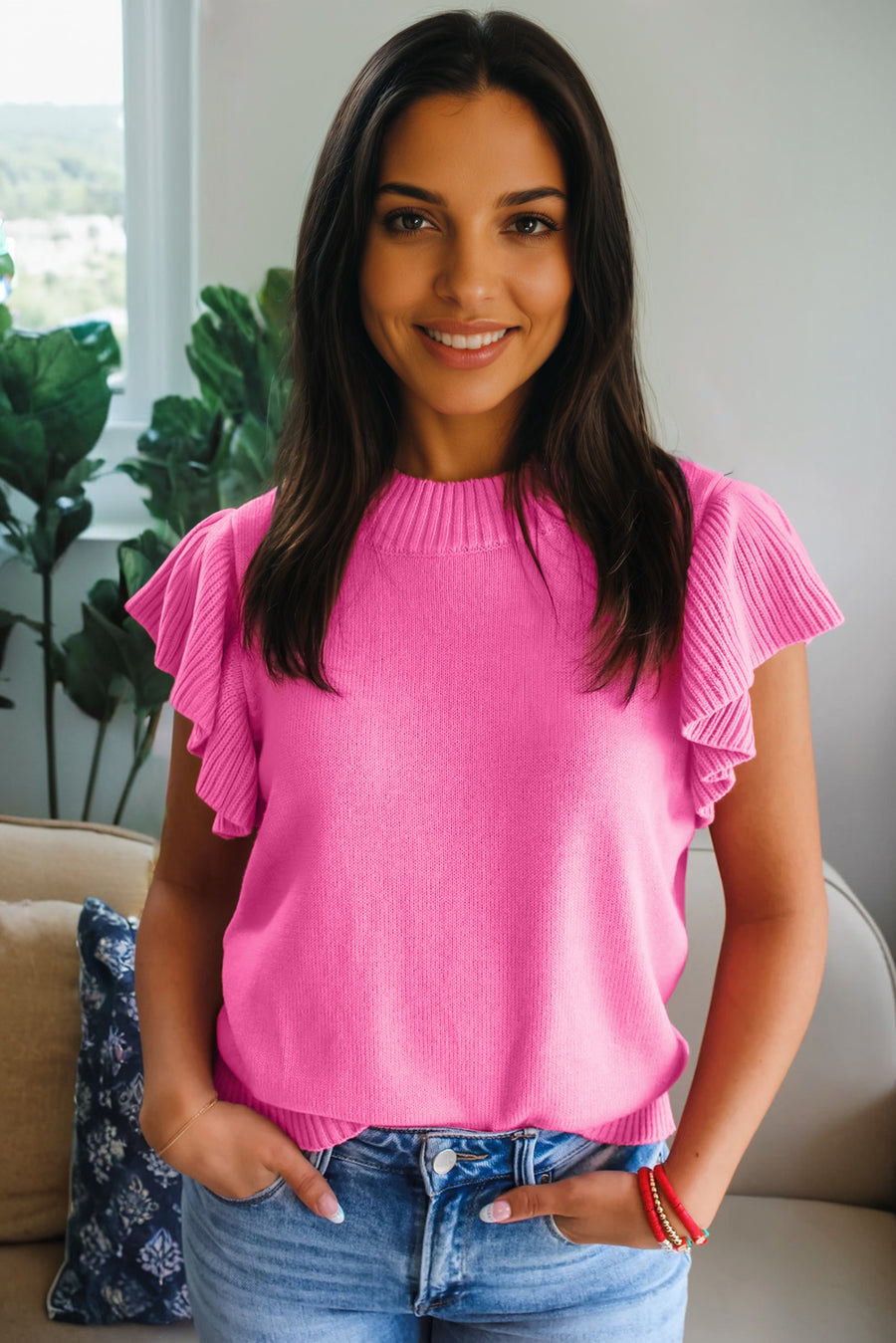 Ribbed Trim Crew Neck Ruffled Short Sleeve Sweater- 3 Colors