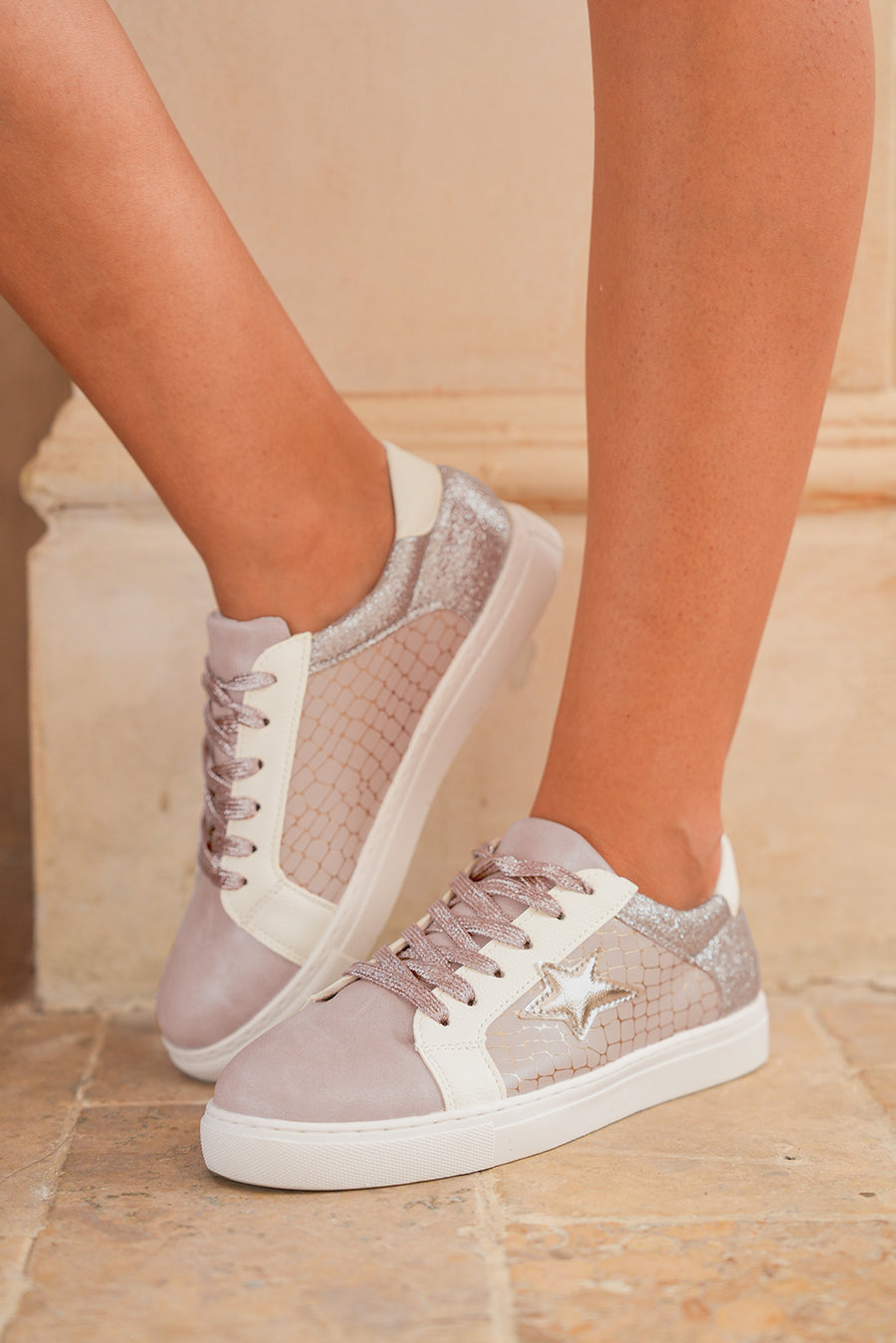 Glitter & Star Patchwork PU Leather Sneakers- 2 Colors