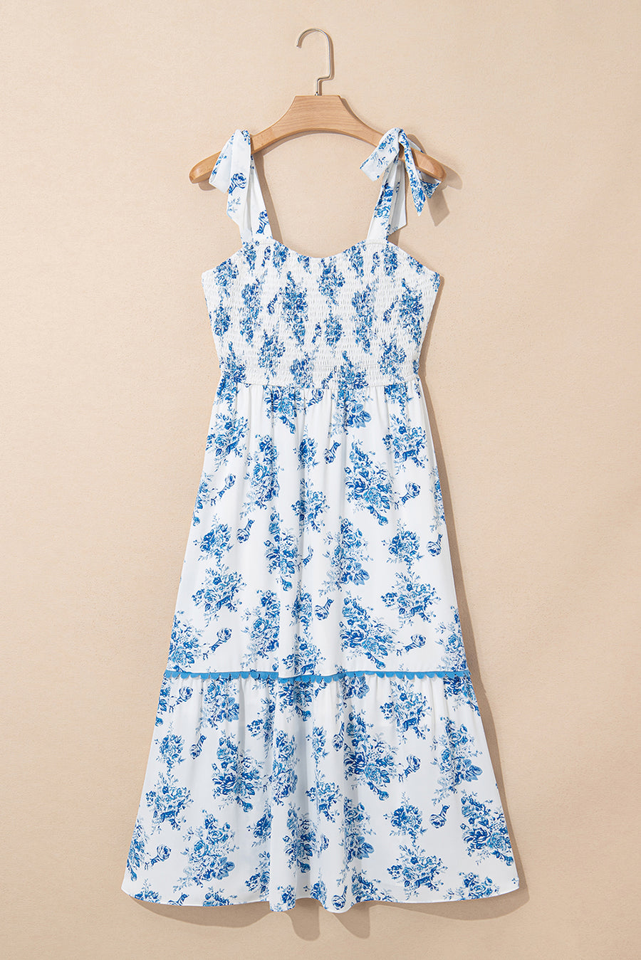 Blue Multi and White Floral Print Smocked Tie Strap Sleeveless Midi Dress
