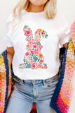 White Embroidered Look Floral Bunny Graphic T-Shirt