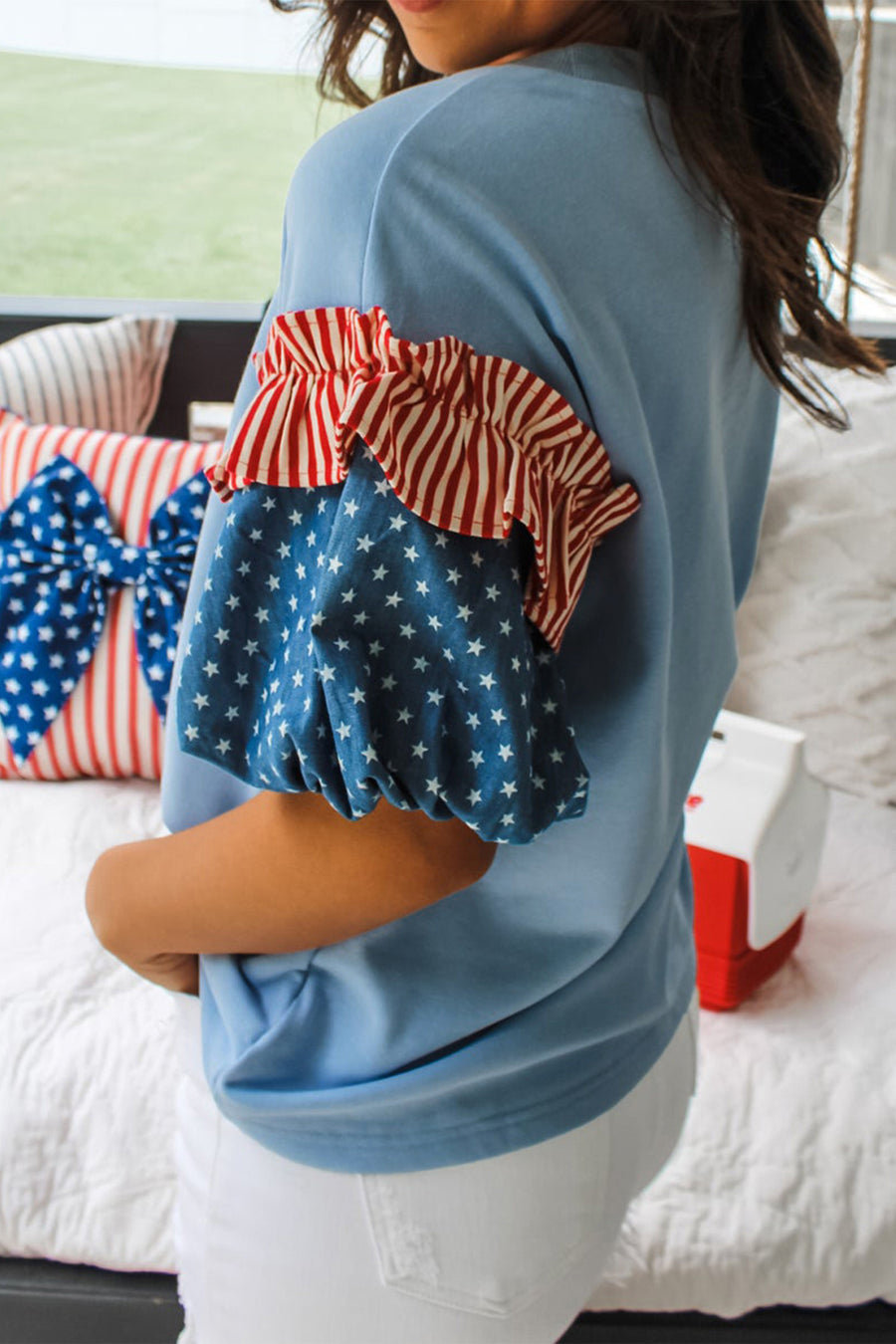 Stars and Stripes Contrast Puff Sleeve Top- 2 Colors