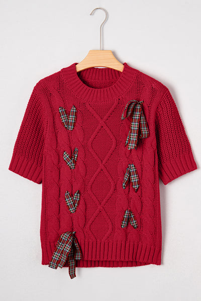Plaid Lace-Up Puff Short Sleeve Sweater- 2 Colors