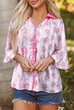 Bright Pink Bow Bouquets Collared Ruffled Short Sleeve Button-Up Blouse
