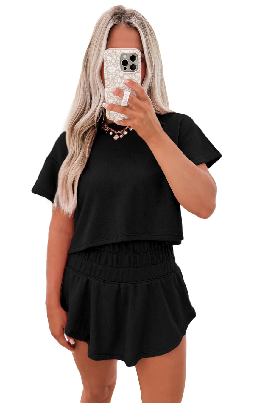 Cropped Tee and Curved Hem High Waist Skort Set- 2 Colors