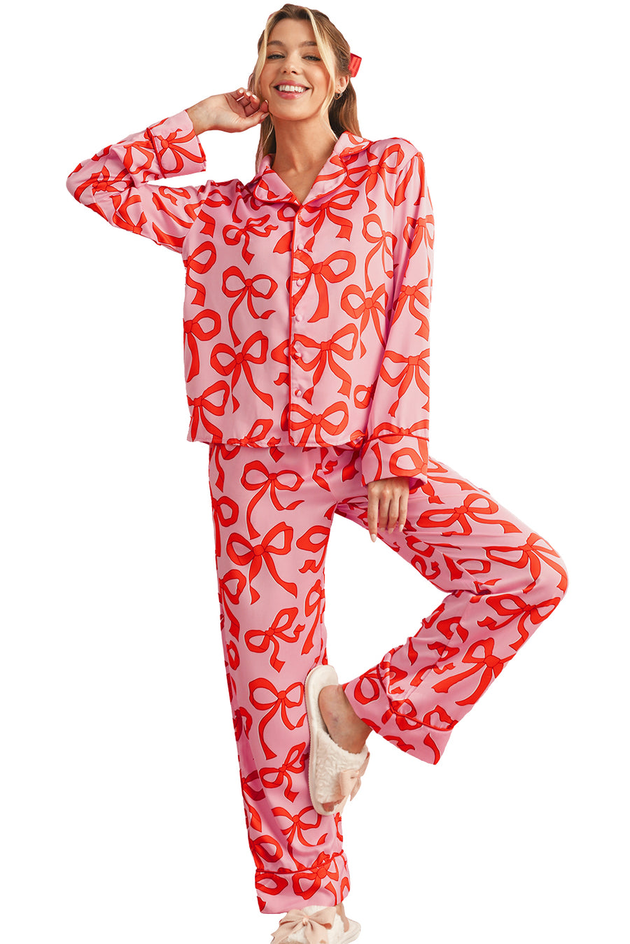Pink All Over Bow Print Long Sleeve Button-Up Top and Pants Pajama Set