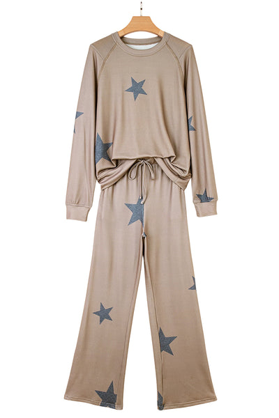 Khaki Retro Star Print Long Sleeve Pullover Drawstring Wide Leg Pajama Set