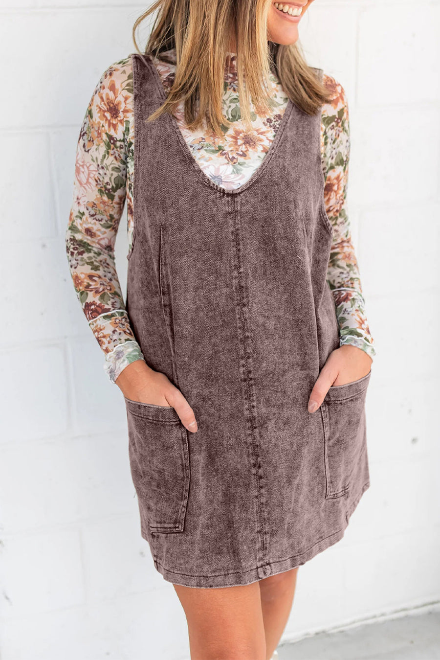 Dusty Cocoa Vintage Washed Denim Suspender Mini Dress with Pockets