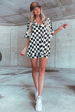 Black Checkered Print V Neck Pocketed Pajama Set