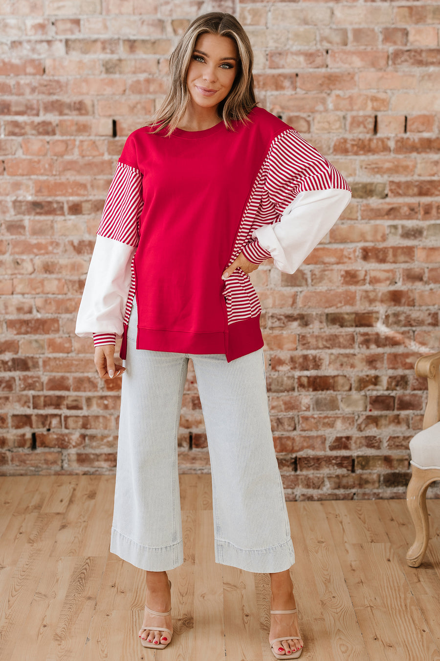 Striped Patchwork Sleeve Colorblock Sweatshirt- 3 Colors