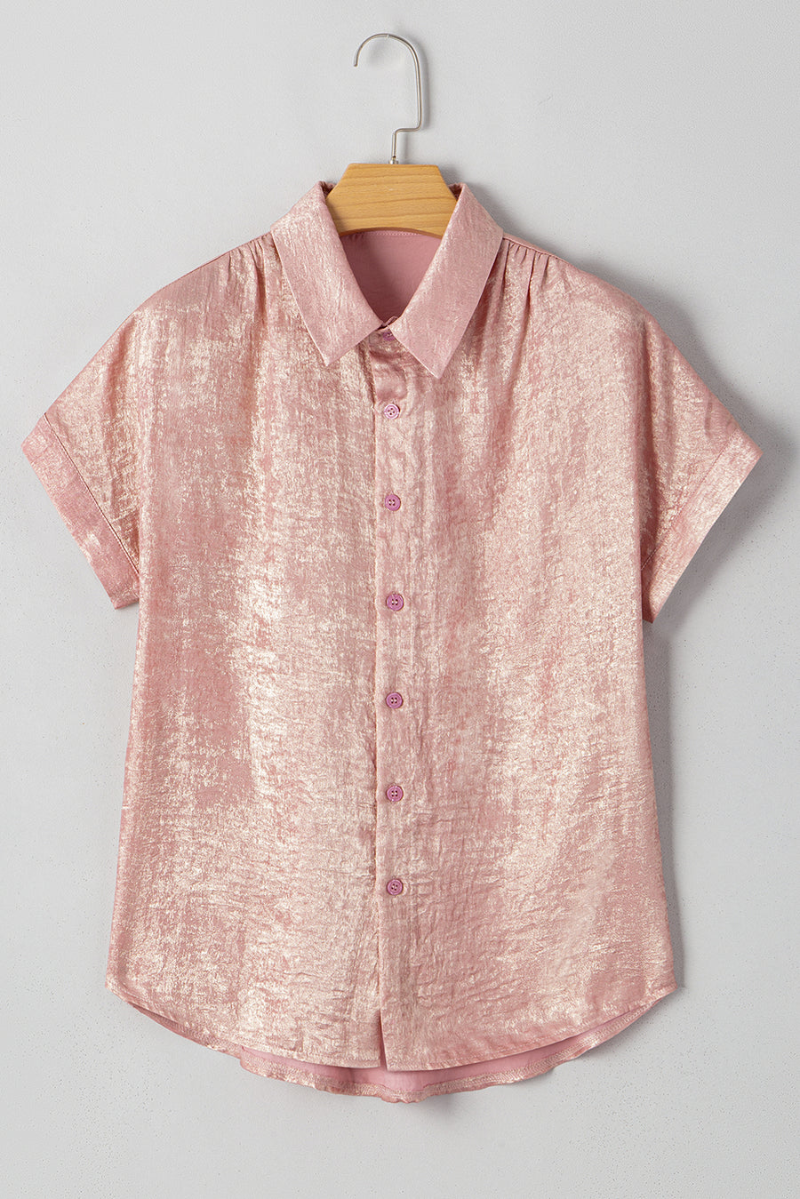 Metallic Pink Button-Up Short Sleeve Shirt