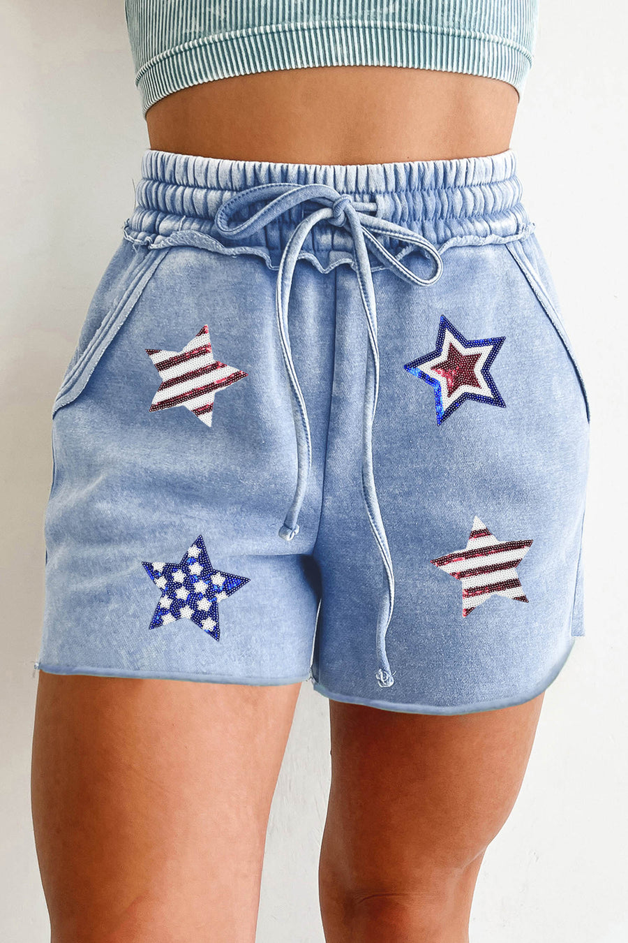 Dusty Blue American Sequin Star Exposed Seam Drawstring Cotton Shorts