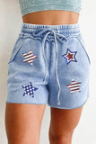 Dusty Blue American Sequin Star Exposed Seam Drawstring Cotton Shorts