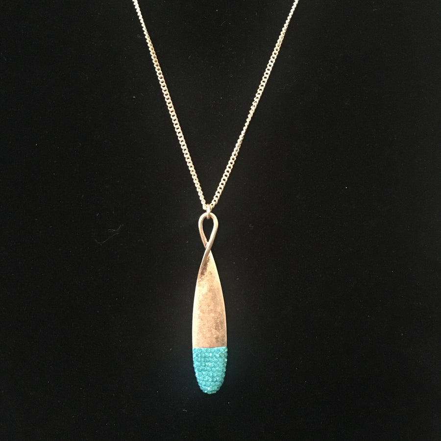 Burnished Gold Tone Necklace with Teardrop Rhinestone Pendant- Aqua