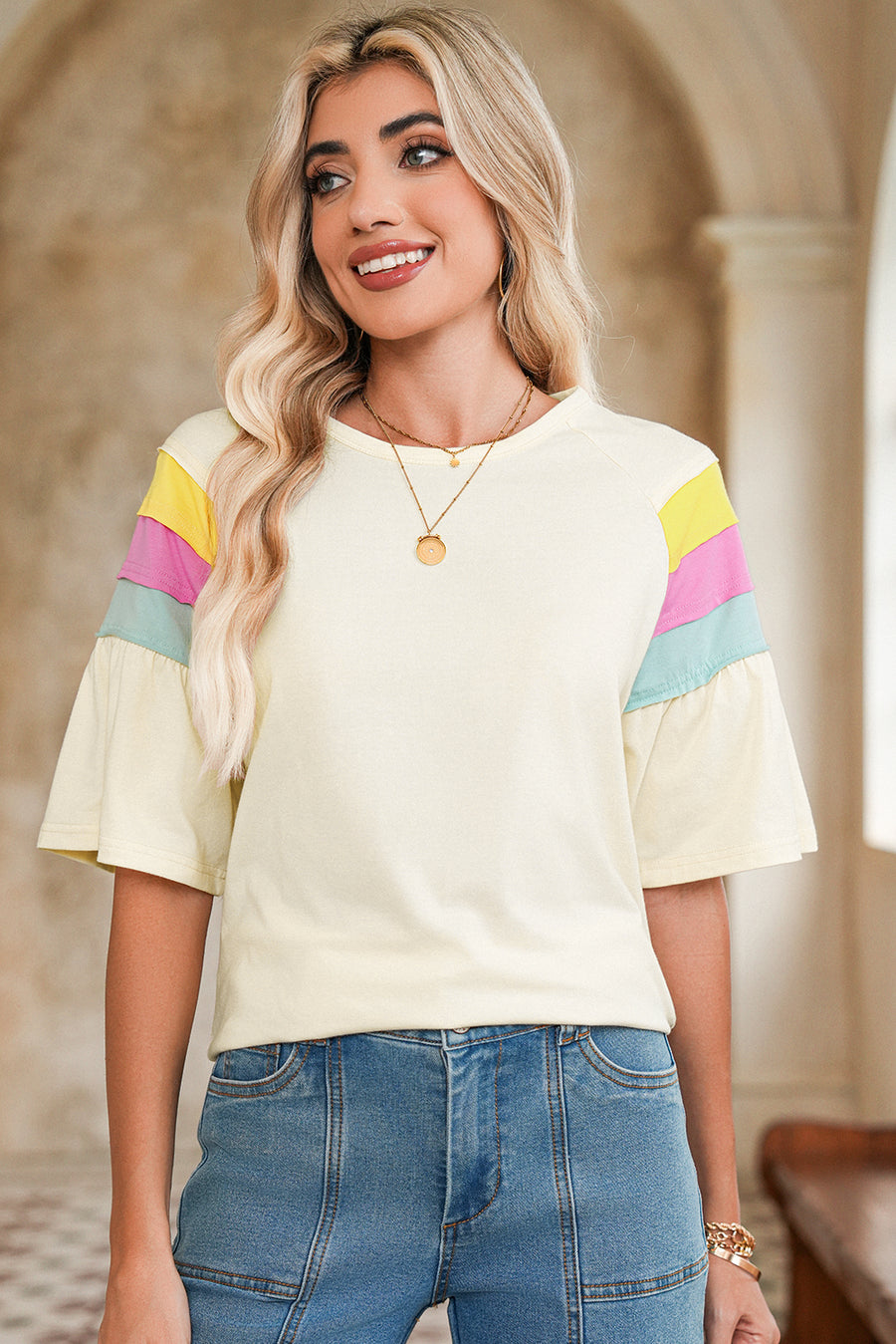 White Color Block Short Sleeve Crew Neck T-Shirt