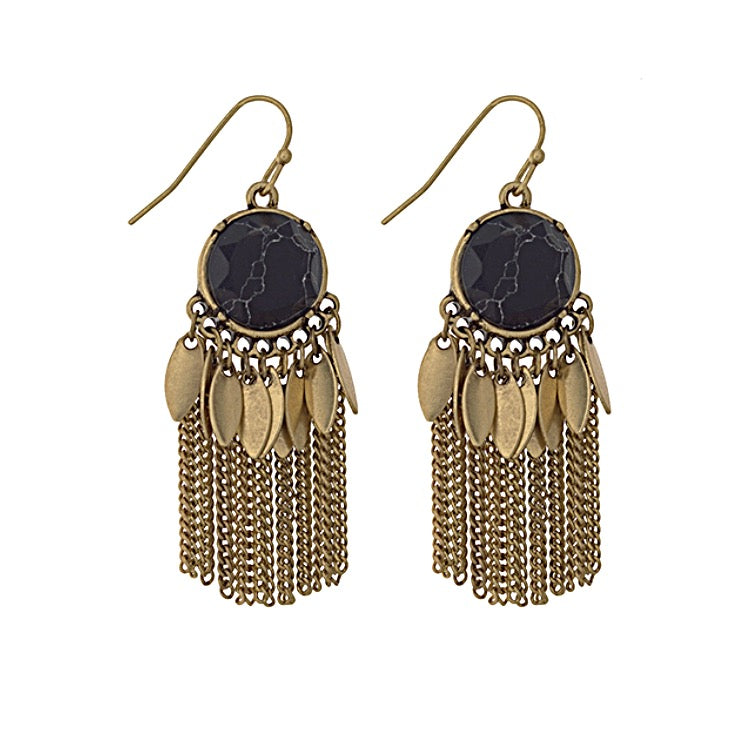 Worn Gold Stone & Fringe Earrings- Black