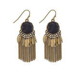 Worn Gold Stone & Fringe Earrings- Black