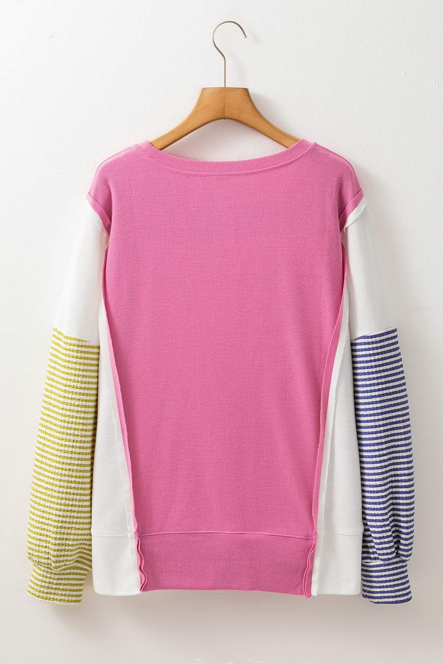 Pink Multi Waffle Patchwork Striped Sleeve Long Sleeve Shirt