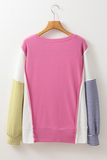 Pink Multi Waffle Patchwork Striped Sleeve Long Sleeve Shirt
