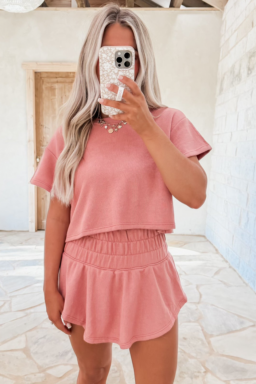 Cropped Tee and Curved Hem High Waist Skort Set- 2 Colors