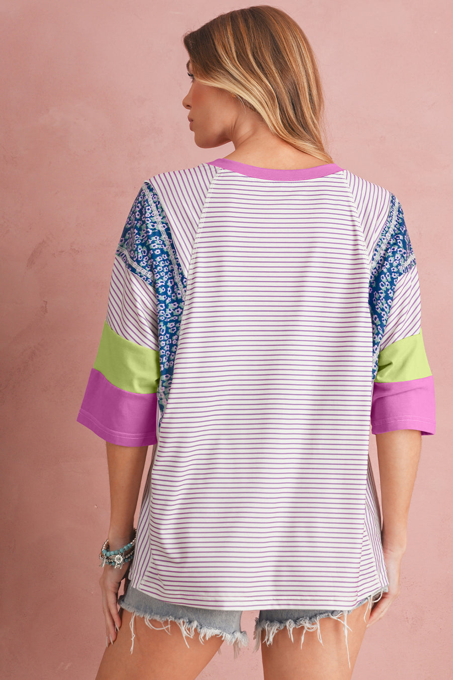 Purple Stripe Floral Color Block Patchwork Stitching Edge T-Shirt