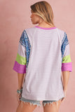 Purple Stripe Floral Color Block Patchwork Stitching Edge T-Shirt