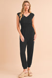 Black Shirred High-Waist V-Neck Sleeveless Jumpsuit