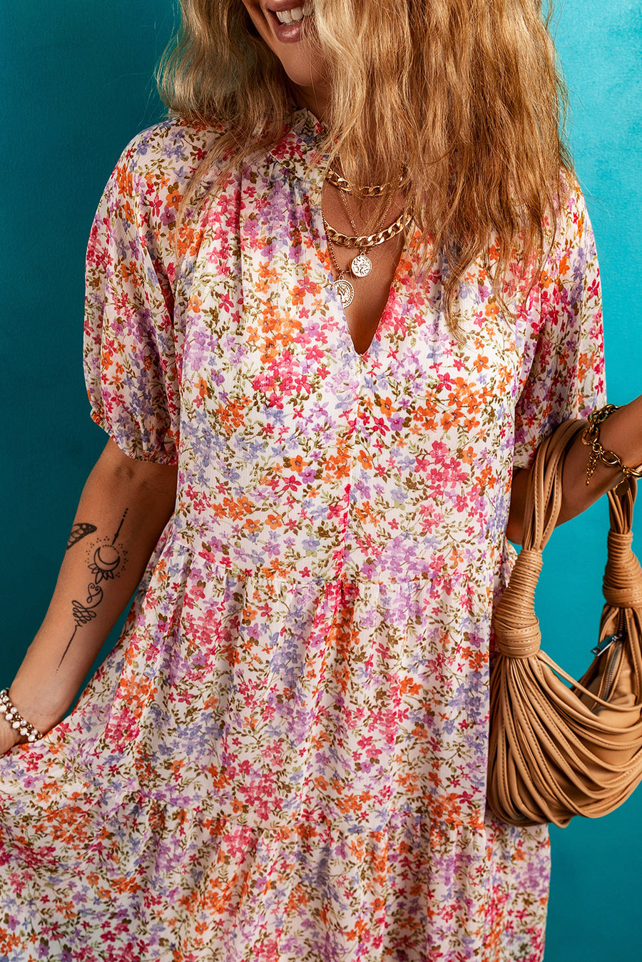 Multicolored Floral Print Notched V-Neck Puff Sleeve Tiered Mini Dress