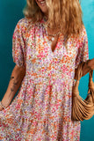 Multicolored Floral Print Notched V-Neck Puff Sleeve Tiered Mini Dress