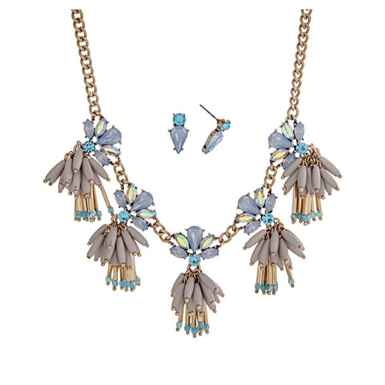 Burnished Gold Tone Rhinestone & Bead Necklace Set- Blue