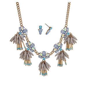 Burnished Gold Tone Rhinestone & Bead Necklace Set- Blue