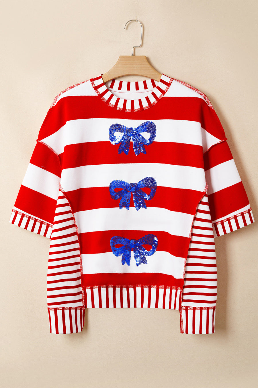 Red Striped Sequin Bows Short Sleeve Oversized Top
