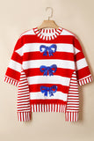 Red Striped Sequin Bows Short Sleeve Oversized Top