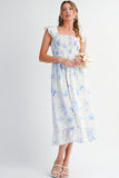 Blue Floral Smocked High Waist Ruffle Sleeveless Midi Dress