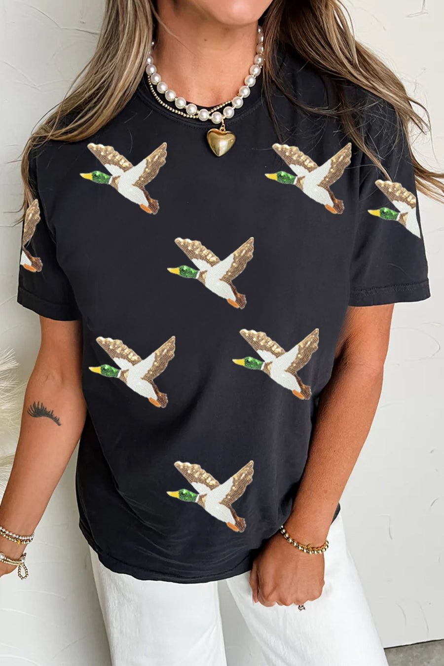Black Sequin Mallard Duck Graphic T-Shirt