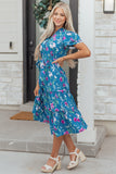 Blue Floral Flutter Sleeve Tie Neck Belted Midi Dress