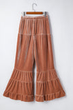 Straw Yellow Velvet Mineral Wash Tiered Flare Leg Pants