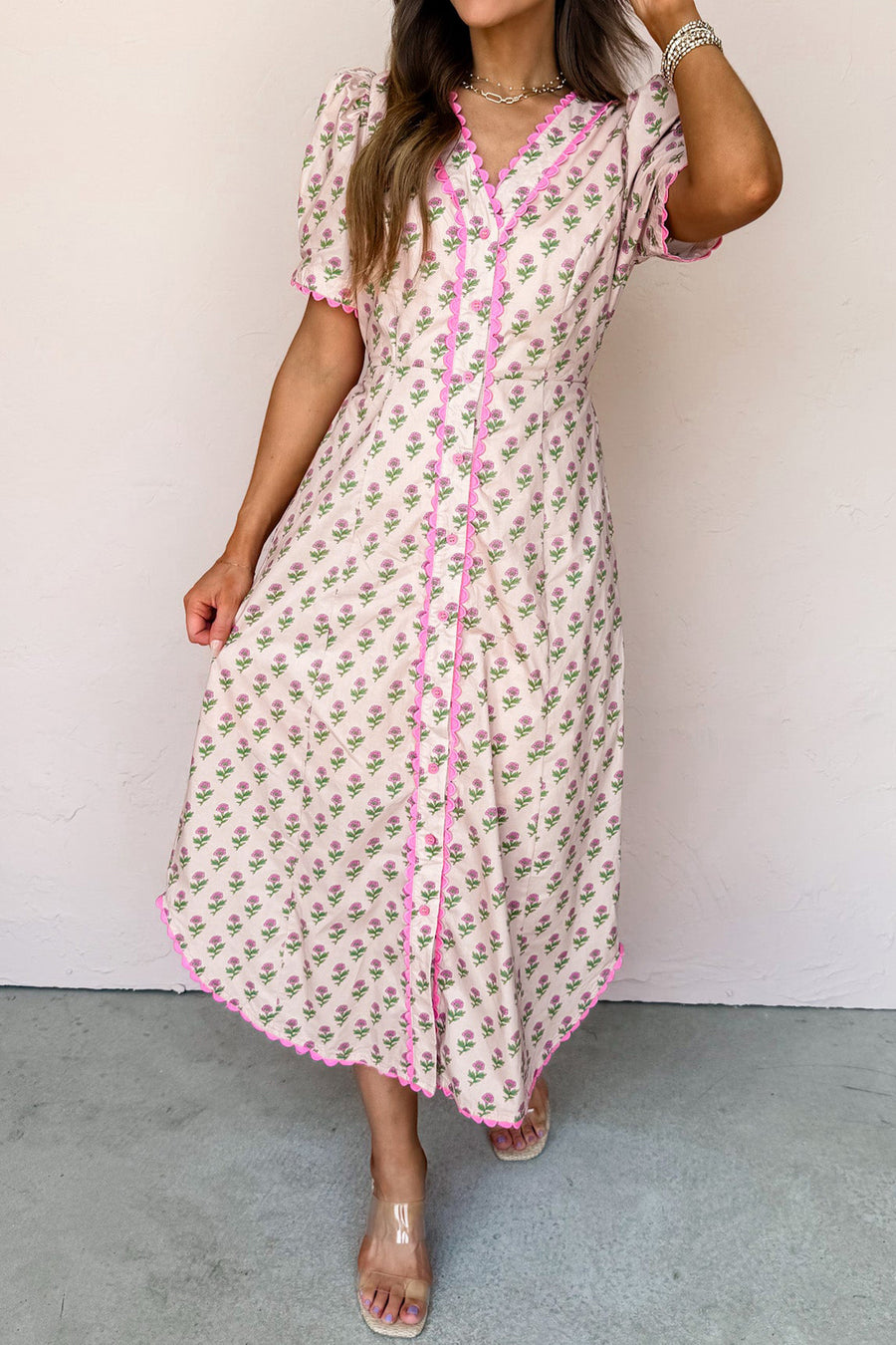 Pink Floral Print V-Neck Scallop Trim Button-Up Short Sleeve Maxi Dress
