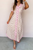 Pink Floral Print V-Neck Scallop Trim Button-Up Short Sleeve Maxi Dress