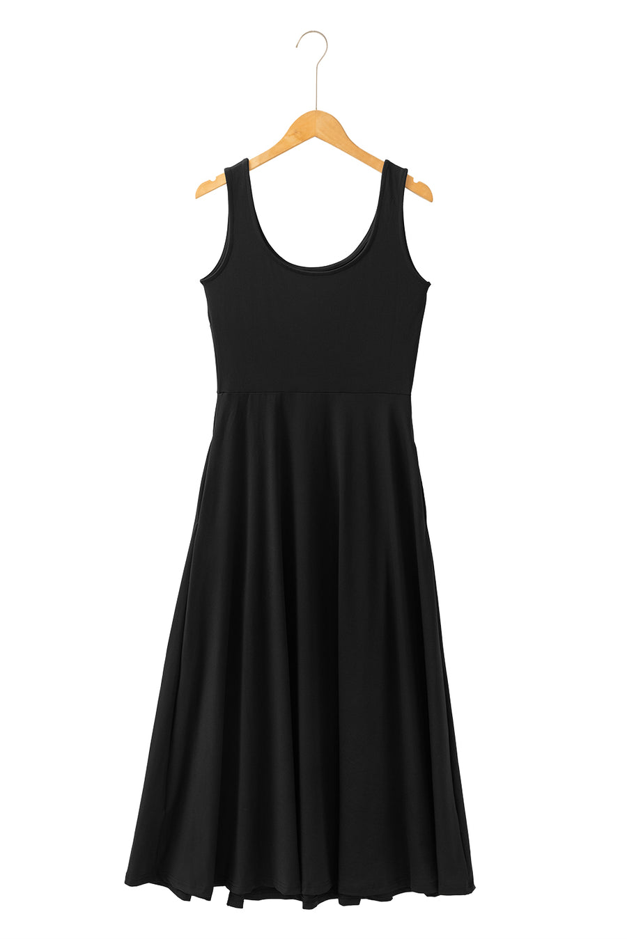 Black Sleeveless Scoop Neck Flared Front Slit Midi Dress