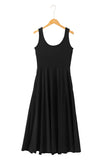 Black Sleeveless Scoop Neck Flared Front Slit Midi Dress
