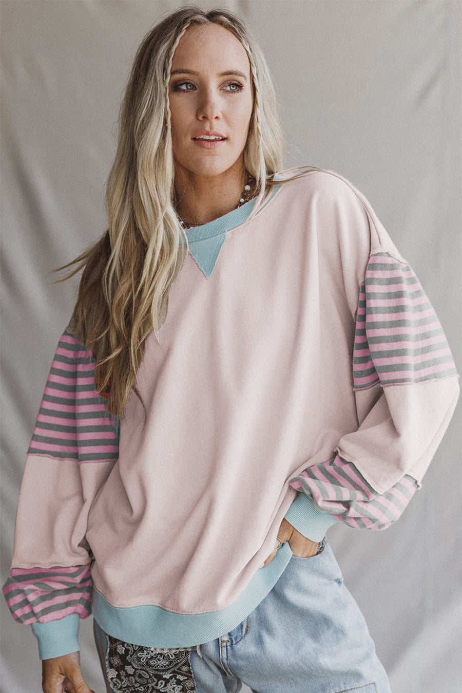 Color Block Patchwork Striped Sleeve Sweatshirt- 3 Colors