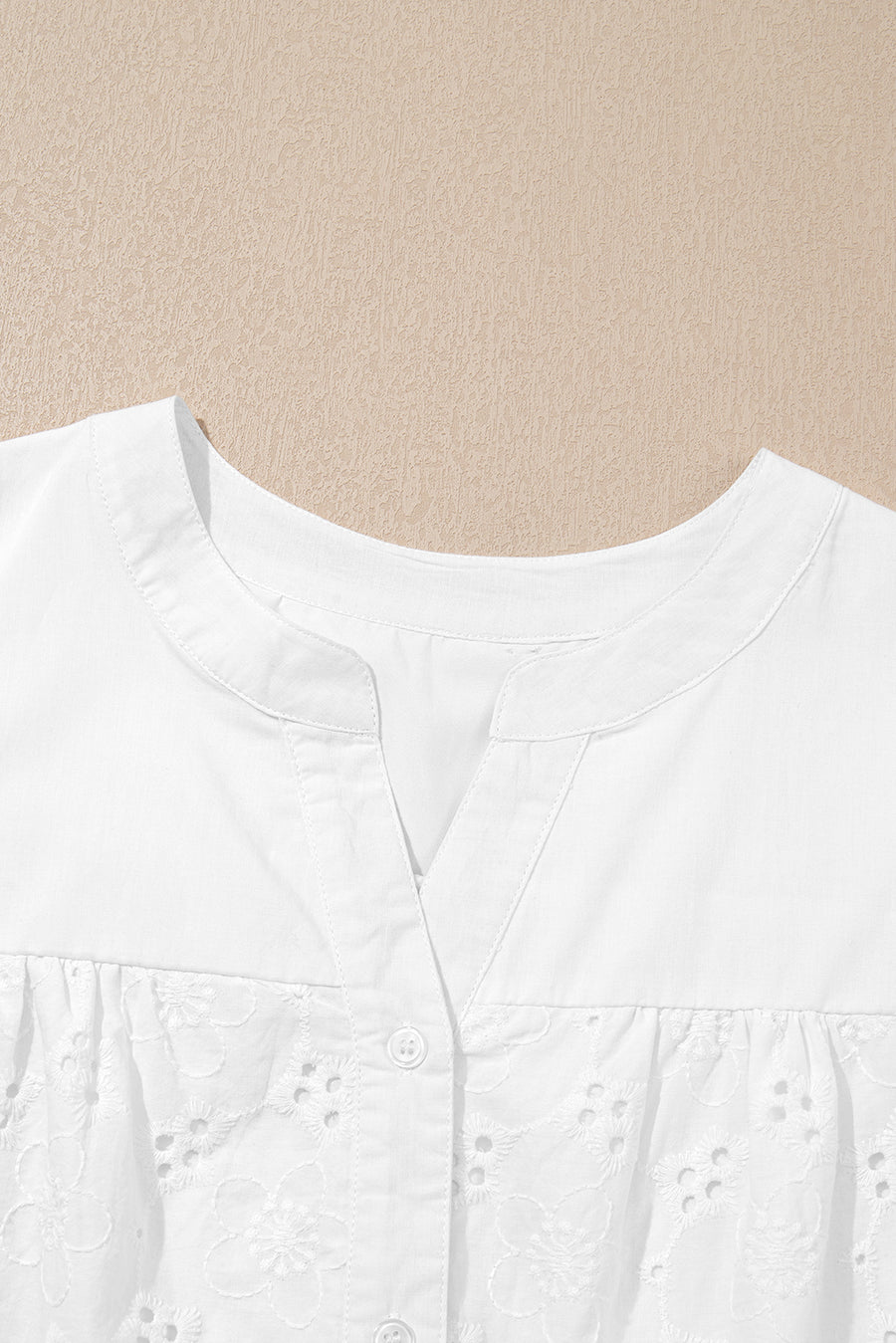 V-Neck Short Sleeve Eyelet Button-Up Blouse- 3 Colors