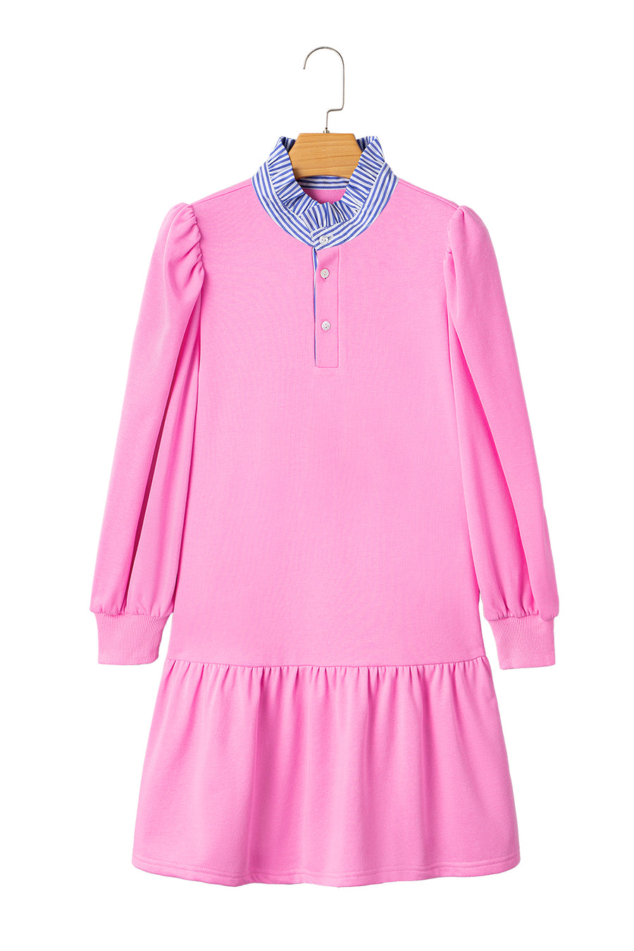 Striped Collar Long Sleeve Ruffle Hem Dress- 2 Colors