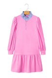 Striped Collar Long Sleeve Ruffle Hem Dress- 2 Colors