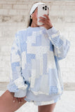 Sky Blue Patchwork Floral Print Long Sleeve Two Piece Set Casual Loose Fit Pantsuit