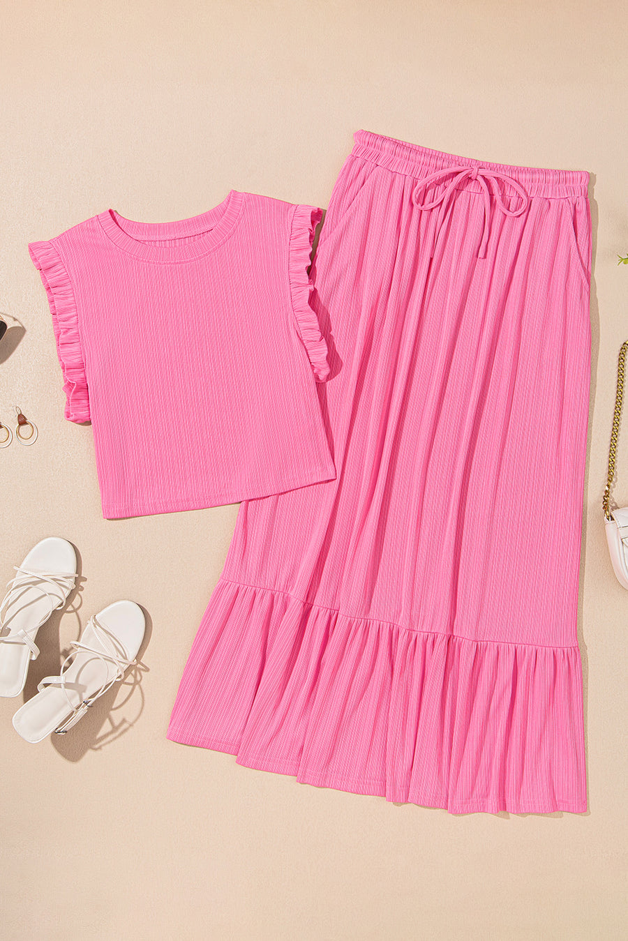 Bright Pink Textured Ruffle Trim Crop Top and Drawstring Skirt Set