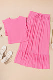 Bright Pink Textured Ruffle Trim Crop Top and Drawstring Skirt Set