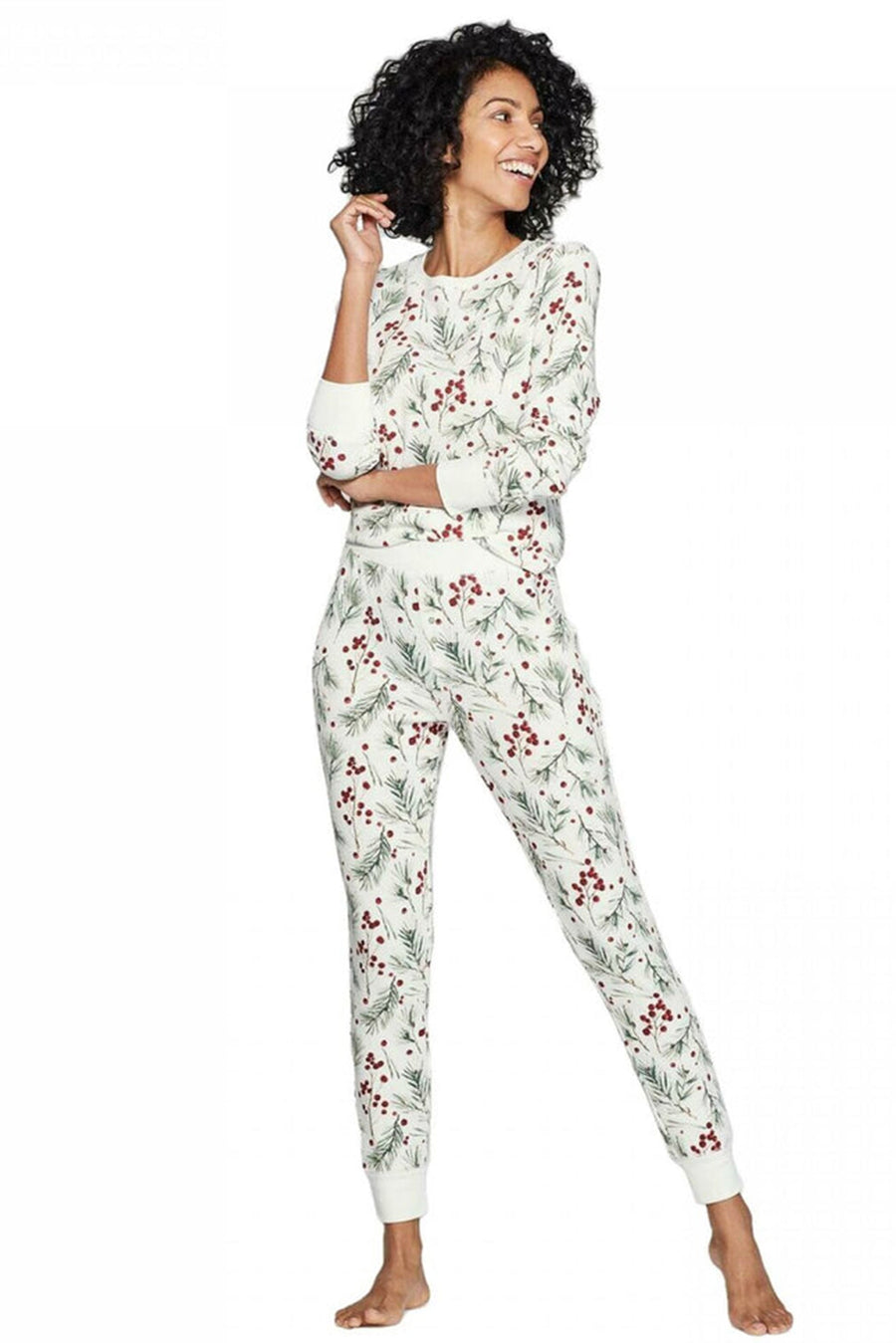 White Holly Print Christmas Long Sleeve Pajama Set