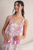 Pink and Lavender Bohemian Floral Tassel Tie V-Neck Mini Dress with Pockets